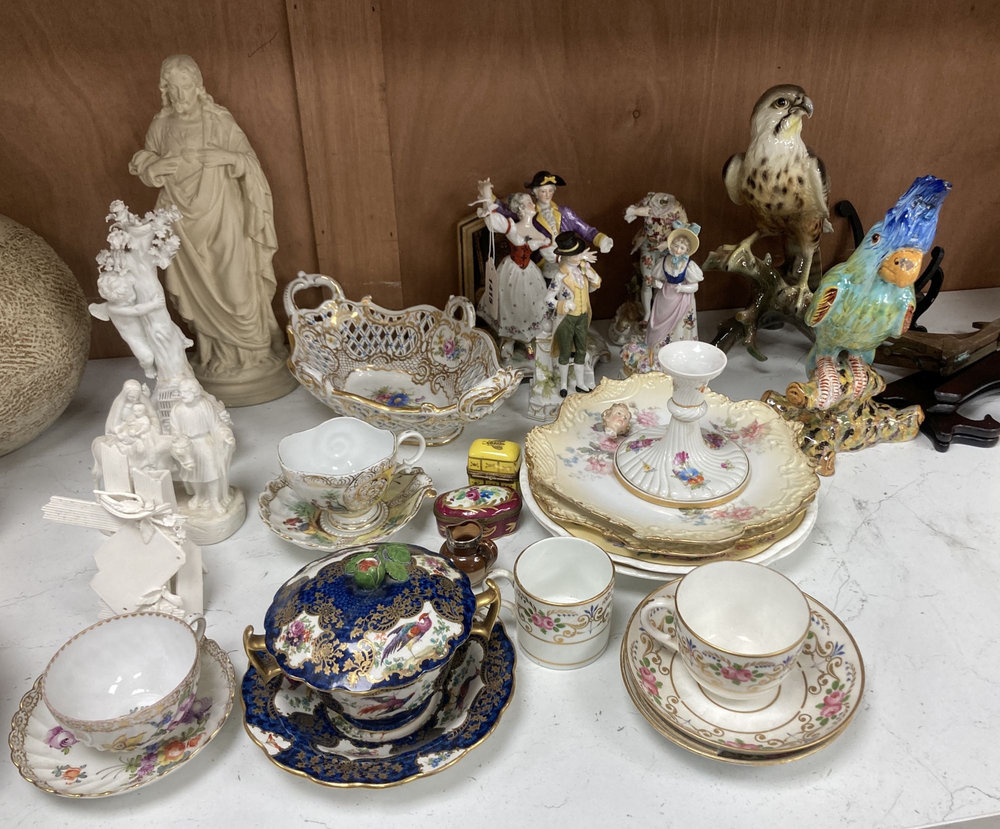 A collection of figurines, cabinet cups plates, two boxes, etc.